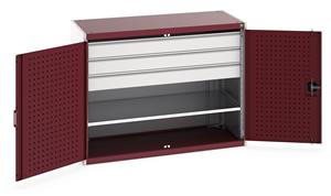 40022085.** Bott cubio kitted cupboard with lockable steel perfo lined doors 1300mm wide x 650mm deep x 1000mm high.  Supplied with 3 x 125mm high drawers and 2 x metal shelves.   Drawer capacity 75kgs, shelf capacity 160kgs. ...